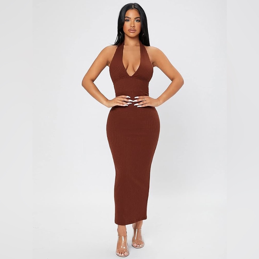 Elegant Brown Halter Neck Dress